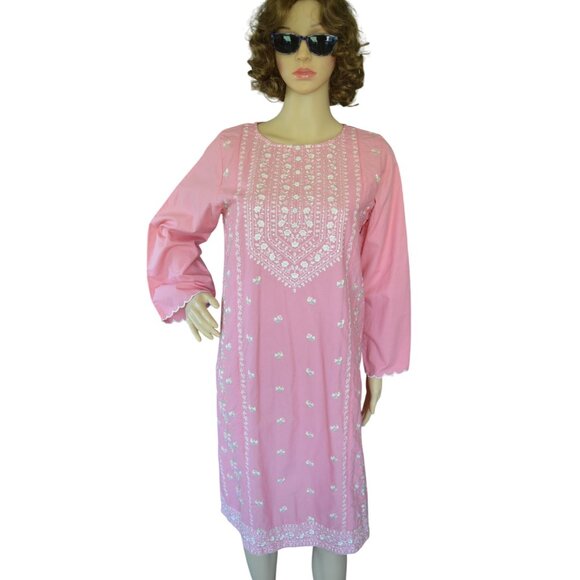 Beechtree Embroidered Pink Floral Shirt Dress Women Size 10 Loose Fit Pastel - Picture 1 of 8